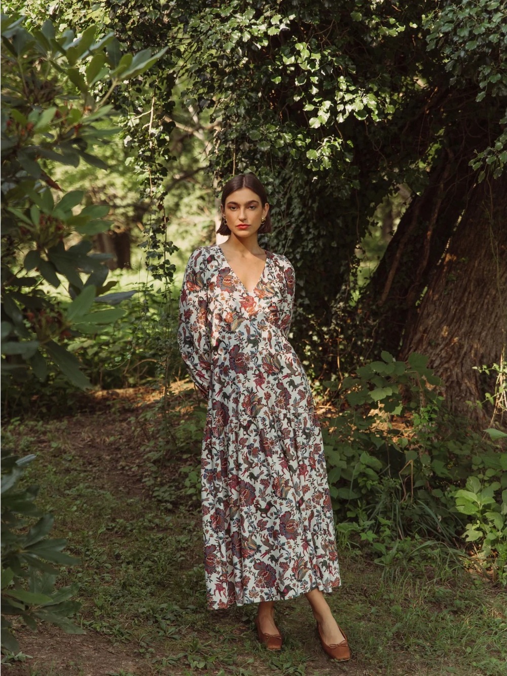 V-Neck Floral Maxi Dress in Ivory and Rust